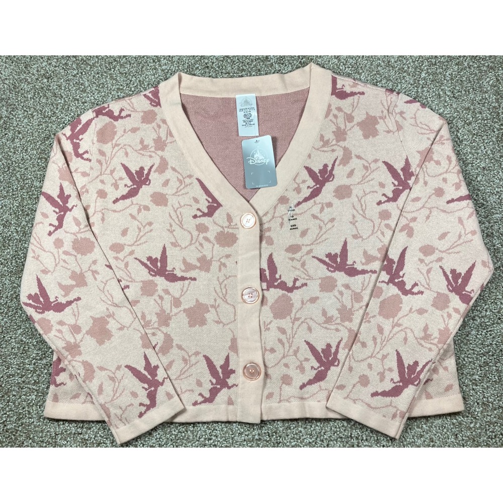 Disney Tinker Bell Pink Floral Jacquard Knit Button Up Cardigan Sweater XL NWT